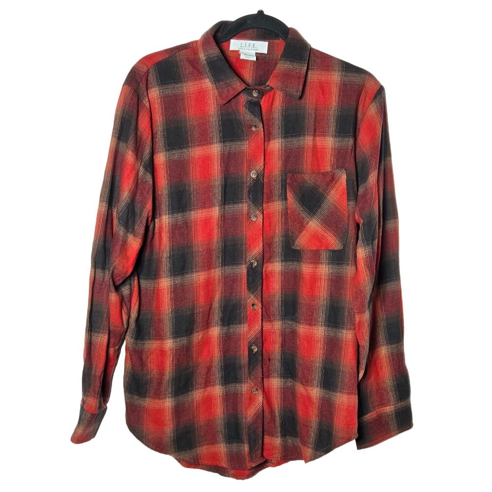 L.I.F.E. Womens Red and Brown Plaid Button-Up Shirt Size Large Evermore Fall‎